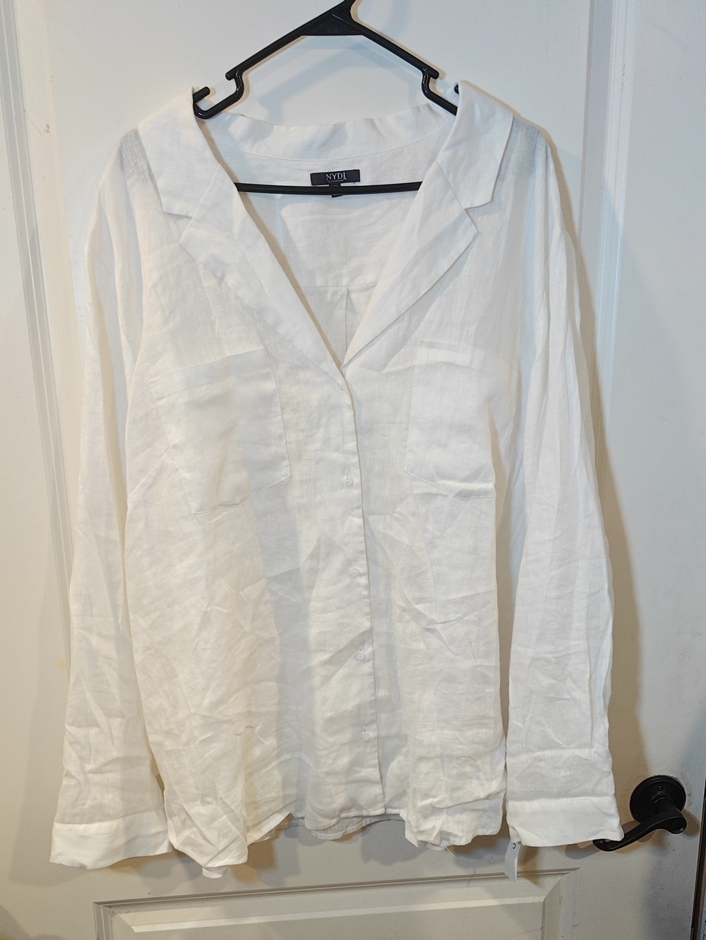 NYDJ White Linen Button-Down Shirt with Relaxed Collar